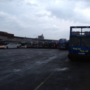 Parking lot for all the NYC tour buses. In Gowanus, Brooklyn.